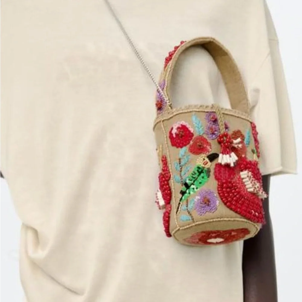 NWT ZARA BEADED BASKET BAG - Picture 7 of 16